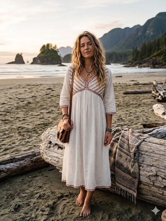 Dresses & Skirts - Boho Ivory Midi Dress with Pink And Gold Embroidery - XL